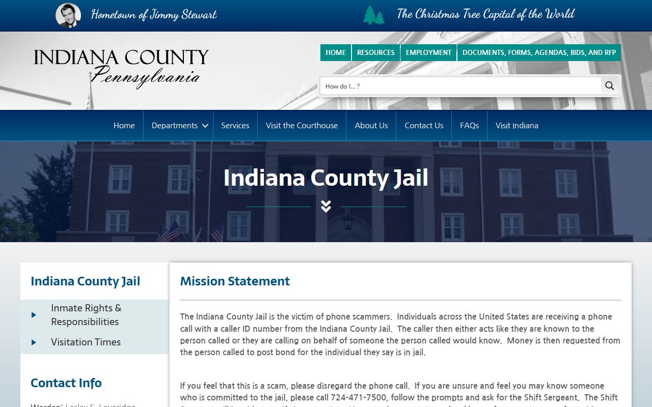 Indiana County Jail page for inmate population and custody contact information