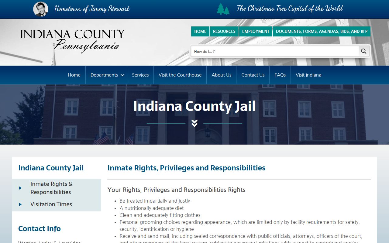 Indiana County Jail rights page for inmate records visitation and programs