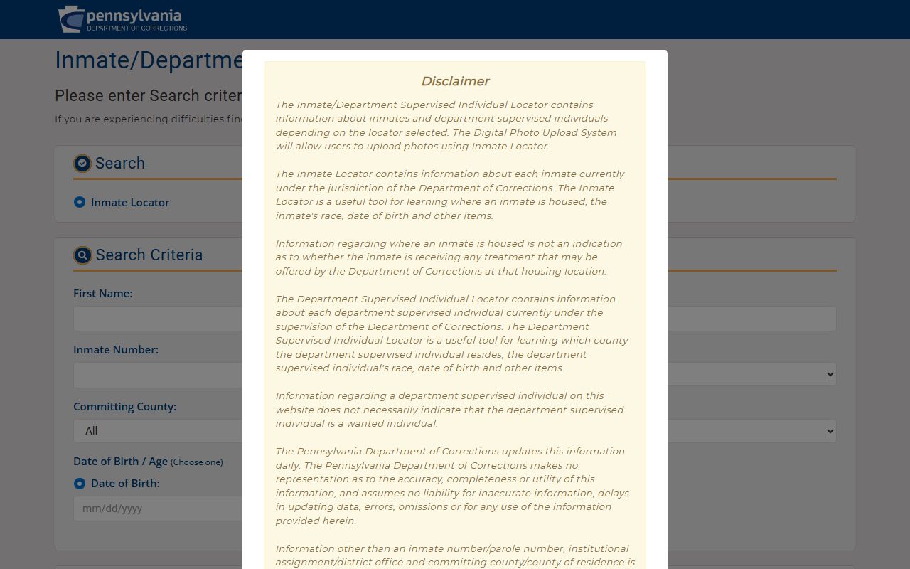 Pennsylvania DOC inmate locator for Indiana County state prison inmate search