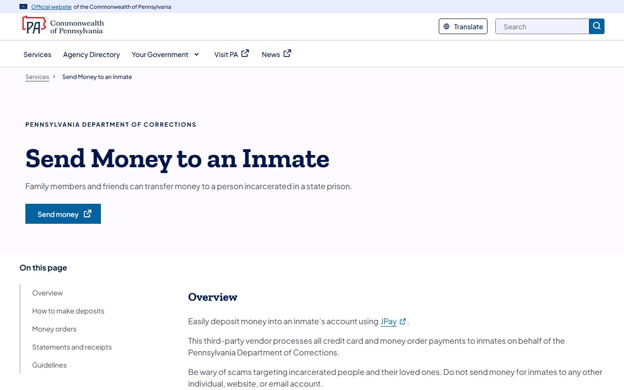 PA DOC JPay money deposit rules for SCI Pine Grove inmates
