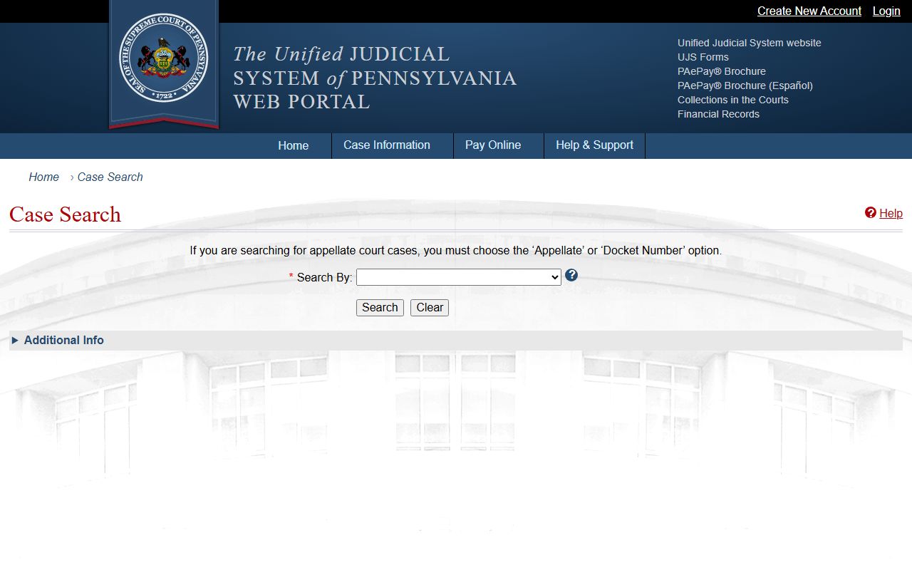 Indiana County court records after jail arrest UJS Case Search fields
